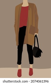 Vector illustration of a young girl in black pants. Lady with a black bag, a red T-shirt and a beige cardigan. Design for cards, posters, avatars, backgrounds, templates, textiles.