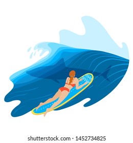 Vector illustration. Young girl catching big wave and shadow of shark. T-shirt print, nautical poster, sport lifestyle concept, active life, bikini