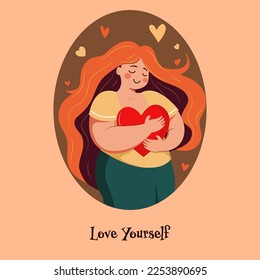 Vector Illustration of Young Girl Character Hugging A Red Heart On Orange And Brown Background For Love Yourself.
