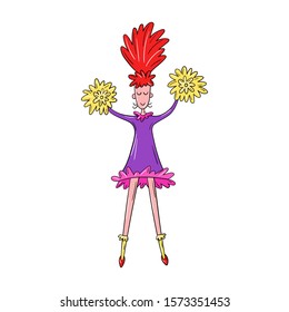 Vector illustration of a young girl cheerleader with pom poms - Cartoon colorful character of a sporty woman on white background - Cheerful design for dance studio classes, card, cover, flyer