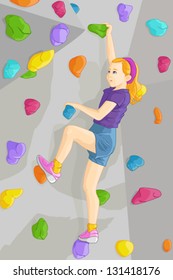 A vector illustration of young girl climbing indoor wall