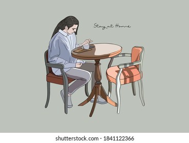 Vector Illustration of Young Girl, Coffee Table, Stay Home, Stay Safe