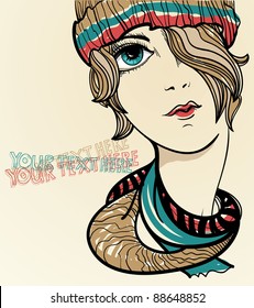vector illustration of a young girl in colorful winter cloth
