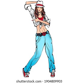Vector illustration of young girl dancing street dance hip-hop isolated on white background. Street style jazz funk. Dance icon. Modern dance art for dance studio, shop.