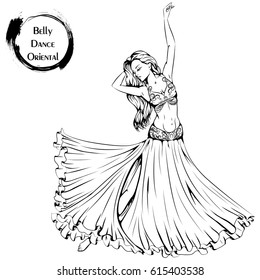 Vector illustration of young girl dancing belly dance isolated on white background. Dance Icon. Line art template for business card, banner or coloring book.