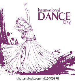 Vector illustration of young girl dancing belly dance on abstract grunge background. Design for flyers, magazines and commercial banners.