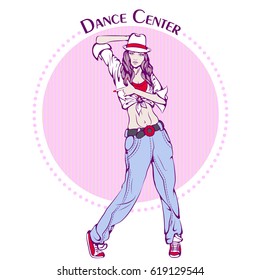 Vector illustration with young girl dancing street dance on retro background. Design template for flyer, invitation, poster or greeting card. Illustration for studio dance