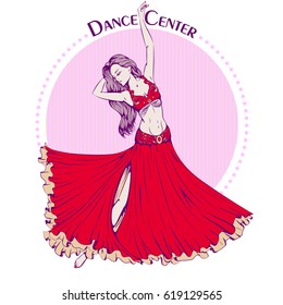 Vector illustration with young girl dancing belly dance on retro background. Design template for flyer, invitation, poster or greeting card. Illustration for studio dance