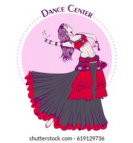 Vector illustration with young girl dancing tribal belly dance on retro background. Design template for flyer, invitation, poster or greeting card. Illustration for studio dance
