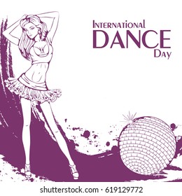 Vector illustration of young girl dancing club dance Go Go on abstract grunge background. Design for flyers, magazines and commercial banners.