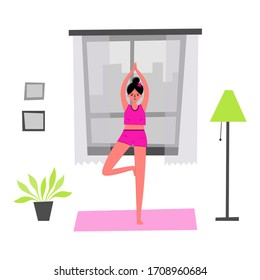 Vector illustration of a young girl doing workout at home, character doing yoga fitness indoor - Healthy lifestyle, stay home coronavirus quarantine - Flat style, isolated