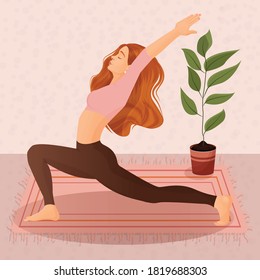 Vector illustration of a young girl doing yoga and sports at home. The concept of yoga, meditation, sports, healthy lifestyle, yoga poses, asanas, fitness, exercise, gymnastics, workout.