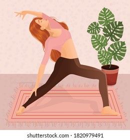 Vector illustration of a young girl doing yoga, dancing and sports at home. The concept of yoga, meditation, sports, healthy lifestyle, dancing, dance moves, fitness, exercise, gymnastics, workouts.