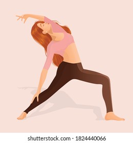 Vector illustration of a young girl doing yoga, dancing and sports at home. The concept of yoga, meditation, sports, healthy lifestyle, dancing, dance moves, fitness, exercise, gymnastics, workouts.