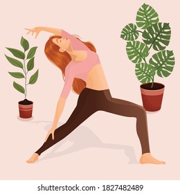 Vector illustration of a young girl doing yoga, dancing and sports at home. The concept of yoga, meditation, sports, healthy lifestyle, dancing, dance moves, fitness, exercise, gymnastics, workouts.