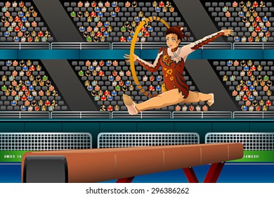 A vector illustration of young girl doing gymnastic with hoop in the competition for sport competition series