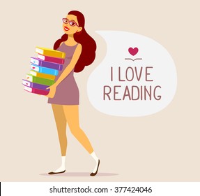 Vector illustration of young girl in dress with colorful pile of books on brown background with speech bubble.Art design for web, site, advertising, banner, poster, flyer, brochure, board, paper print