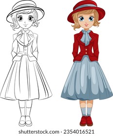 A vector illustration of a young girl dressed in a vintage Victorian outfit