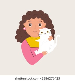 Vector illustration of young girl embracing funny cat. Portrait of people with domestic animal