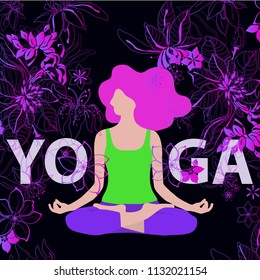 Vector illustration of a young girl engaged in yoga on a floral background.Young woman meditating, flat design.Logo for the banner, advertising, poster.