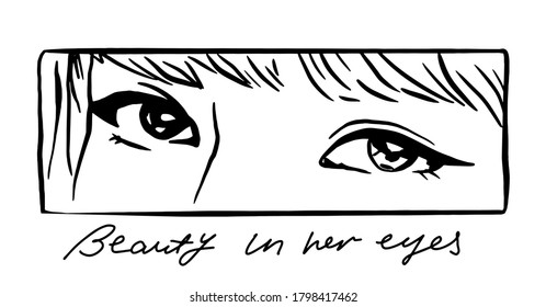 Vector illustration of young girl eyes with slogan in anime style.