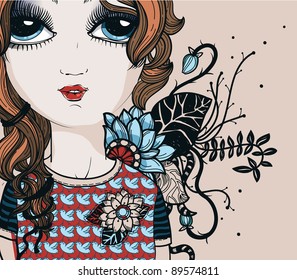 vector illustration of a young girl with fantasy flowers