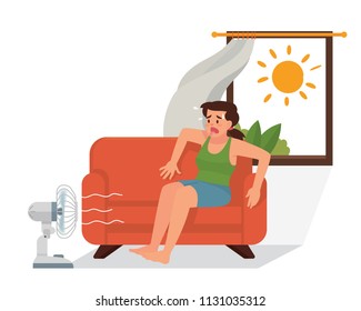 vector illustration a young girl feeling hot and sitting on sofa in summer day, suffering heat exhaustion