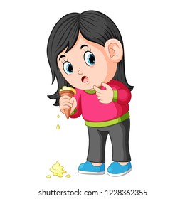 Vector illustration of young girl feeling unhappy with ice cream fall