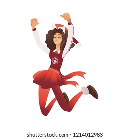 Vector illustration of young girl in festive clothes and Santa Claus red hat jumping with happiness isolated on white background - happy cartoon woman at winter holiday party.