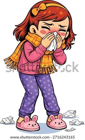 Vector illustration of a young girl with flu symptoms, feeling unwell. Child health concept showing sickness, cold or flu in simple cartoon style.