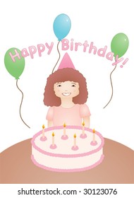 Vector illustration of a young girl in front of a birthday cake with candles and balloons.