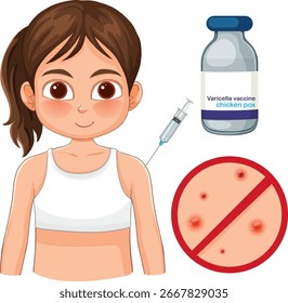 Ilustración vectorial de una niña que recibe una inyección de vacuna contra la varicela, con un vial de vacuna y un símbolo de prevención de la varicela, en un estilo de dibujos animados limpio