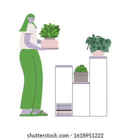 Vector illustration young girl with green hair in a plant room with a pot in hands on a white background 