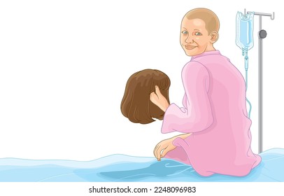 Vector illustration of young girl hairless after chemotherapy with receiving saline solution from bag sitting on bed,look back,smiling holding brown wig,isolated on white.Fight cancer with strong mind