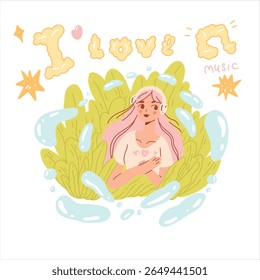 Ilustração vetorial de uma jovem menina com fones de ouvido desfrutando de música cercada por plantas. Cena pacífica de verão cheia de liberdade, alegria e tranquilidade floral.
