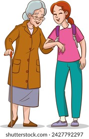 vector illustration of young girl helping old woman walking