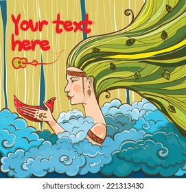 Vector illustration of young girl hippie with bird in her hand. summer mood. Boho chic. Eps 10