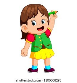 vector illustration of young girl holding pencil