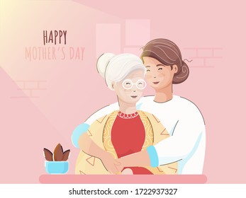 Vector illustration of young girl hugging her mother from side, pink wall background. Concept for Happy Mother's Day.