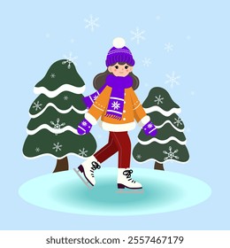 Vector illustration a young girl ice skating on a winter day, wearing an orange coat, purple scarf, and gloves. Surrounded by snowy trees and falling snowflakes, she enjoys the frosty outdoors.