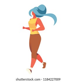 Vector illustration with young girl jogging. Isolated on white flat character in bold colors. Sport woman