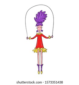 Vector illustration of a young girl jumping on a skipping rope - Cartoon colorful character on white background - Cheerful design for children’s aerobic studio classes, card, cover, flyer