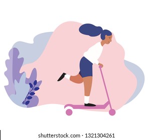 Vector illustration of young girl with kick scooter on an abstract background in flat colorful style.