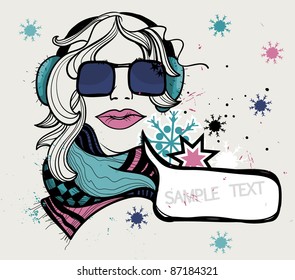 vector illustration of a young girl in knitted winter cloth with colorful snowflakes