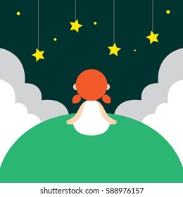 Vector illustration of a young girl looking at night sky filled with star on a green hill. A concept image representing young children's dream and fascination with space