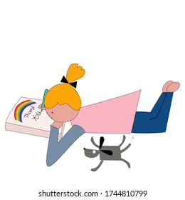 Vector illustration of a young girl lying on floor with pen in hand writing on book page with drawing of rainbow and word thank you concept of giving thanks to nhs key workers and frontline workers 