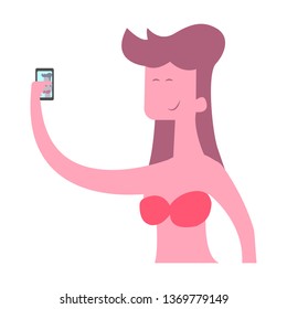 Vector illustration of young girl making selfie photo. Art design for web, site, advertising, banner, poster, flyer, brochure, board, paper print.