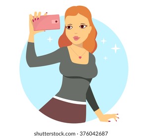 Vector illustration of young girl making selfie photo on blue background. Art design for web, site, advertising, banner, poster, flyer, brochure, board, paper print.