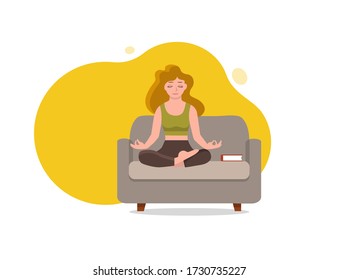 Vector illustration. A young girl meditating on a couch. There is a book next to her.