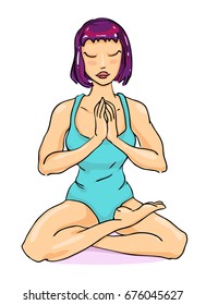 Vector illustration of young girl meditating in yoga pose